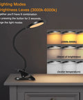 Clamp LED Desk Lamp With Flexible Gooseneck For Tight Corners And Nightstand, Three Lighting Modes And Three Brightness Levels, Dimmable Office Work Lamp With Touch Sensitive Control, Eye Caring Design, Black Finish on a desk showing various brightness and color settings.