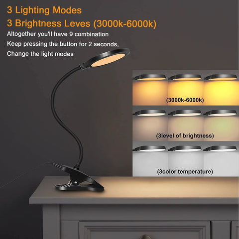 Clamp LED Desk Lamp With Flexible Gooseneck For Tight Corners And Nightstand, Three Lighting Modes And Three Brightness Levels, Dimmable Office Work Lamp With Touch Sensitive Control, Eye Caring Design, Black Finish on a desk showing various brightness and color settings.
