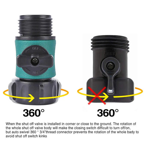 No Leak Garden Hose Shut Off Valves Set 12 Pack With Rubber Gaskets And 4 Ball Valves, Easy Quarter Turn Water Control, Standard 3/4 Inch Thread Hose Connectors For Sprinklers And Soaker Hoses, Quick Durable Gasket Seals. 360° swivel hose valve close-up