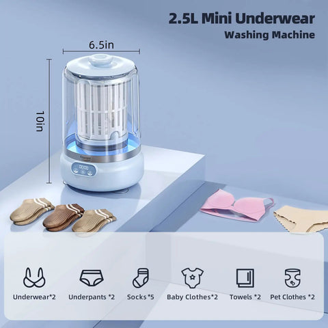 Compact Portable Mini Washing Machine With Quick Spin Dry Function And Rechargeable Battery, 2.5L size, for underwear and baby clothes.