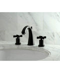 Millennium 8 To 16 Inch Widespread Lavatory Faucet With Brass Pop Up Drain in oil rubbed bronze on marble countertop