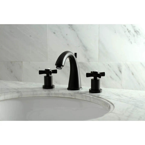 Millennium 8 To 16 Inch Widespread Lavatory Faucet With Brass Pop Up Drain in oil rubbed bronze on marble countertop
