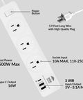 Go-To 5.9 Foot Power Strip with 2 USB Ports and USB Type C Plug, 10A, Pack of 2 showing plug, outlets, and specifications