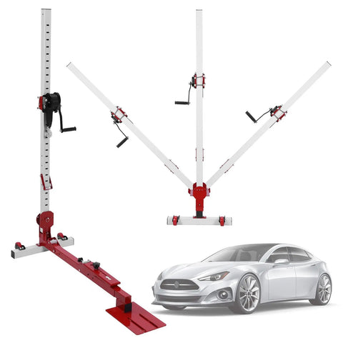 3 In 1 Automotive Sheet Metal Repair Tool With Adjustable Dent Pull Lever, Nylon Casters, And 1322lbs Pulling Force shown with car