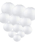 Set of 24 white paper lanterns in mixed sizes 4 6 8 10 12 inches with metal frames no fuss easy setup round hanging lamps displayed.