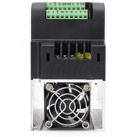 Top Tier High Torque CPLD Inverter VFD Smooth Motor Control 0 75 To 2 2 Kw 1 To 3 Hp Industrial Motor Driver Big Power Fast Response Works Like A Charm For Pumps Conveyors Dual Volts 220 Or 380 Volt Reliable Build Anywhere, front view with cooling fan and terminals