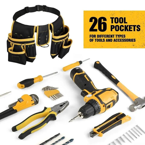 Adjustable Tool Waist Belt With 26 Pockets And Strong Magnets For Holding Hammers Tape Measures Screwdrivers Drills And More On Job Sites Or Home Projects Built From Thick Abrasion Resistant Canvas For Daily Heavy Duty Use, black and yellow