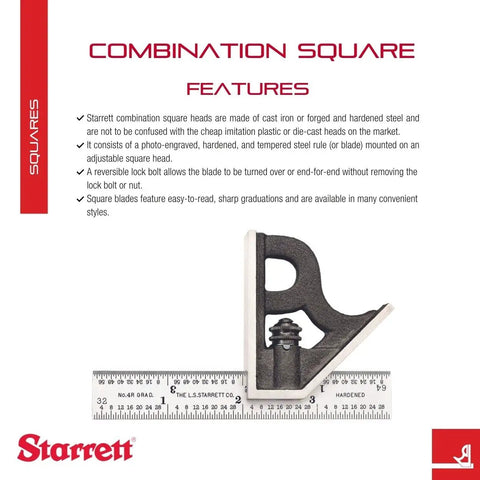 Ultra Precision 4 Inch Steel Combination Square With Square Head, Reversible Lock Bolt, Hardened Blade, Cast Iron Body, Pro Grade 4R Graduation
