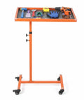 Rolling Heavy Duty Steel Work Table With Wheels Adjustable Height From 38.5 To 51.5 Inches 220 Lbs Capacity Big 17x26 Inch Tool Tray With Non Slip Padding Built For Garage Home Auto Repair And DIY Projects, frontal view with tools on tray.