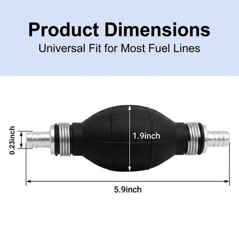 Slick Flexible Fuel Primer Bulb With Dual Check Valve dimensions 5.9in length, 1.9in width, 0.23in diameter, universal fit for fuel lines.