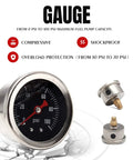 Universal EFI Fuel Pressure Regulator Kit With Gauge 0 To 100 Psi 6AN Fuel Line Fittings, close-up of black gauge face and fittings