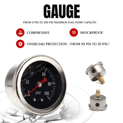 Universal EFI Fuel Pressure Regulator Kit With Gauge 0 To 100 Psi 6AN Fuel Line Fittings, close-up of black gauge face and fittings
