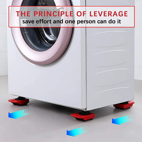 Heavy Duty Furniture Lifter And Roller Set under washing machine with rotating pads showing shifting direction.