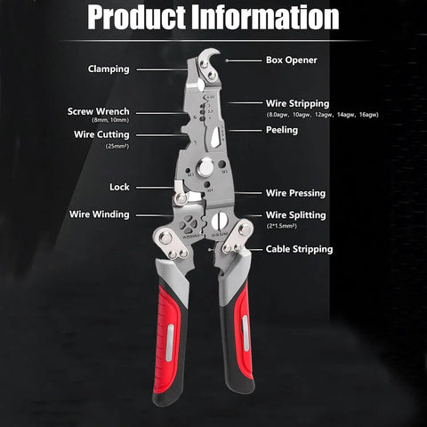 18 In 1 Foldable Wire Stripper Tool With Crimpers And Cutters, Pro Grade And DIY Ready, product features diagram