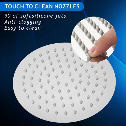 Close-up of anti-clogging silicone jets on High Pressure Rain Shower Head With All Metal Stainless Steel Build 8 Inch Chrome Rainfall Showerhead Delivers Strong Water Flow Even at Low Pressure for a Spa Worthy Shower Experience.
