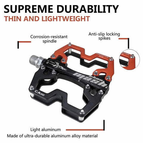 Black and red Ultra Light Nine Sixteen Inch Aluminum Mountain Bike Pedals with CNC bearing and anti-slip spikes.