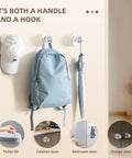 Sticky Suction Cup Door And Cabinet Pulls used as hooks for hats, backpacks, and umbrellas in a room; ideal for household organization.