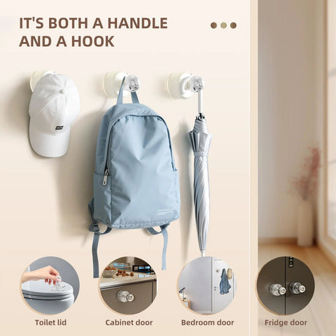 Sticky Suction Cup Door And Cabinet Pulls used as hooks for hats, backpacks, and umbrellas in a room; ideal for household organization.