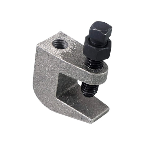 Close-up of NIDAYE top beam clamp, iron construction, 3/4-in jaw opening, bolt and nut visible