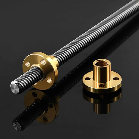 Built Different T16 Lead Screw Sixteen Millimeters Wide By Nearly Nine Feet Long Paired With Heavy Duty Brass Nut on black background.