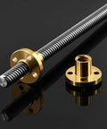 T8 Lead Screw 1200mm Length With Brass Nut For 3D Printer Z Axis And CNC Built Tough 8mm Diameter 2mm Pitch 4 Starts Includes Two Screws And Brass Nuts High Precision Machined Rod For Smooth Linear Motion, showing close-up of screw and nut on black surface