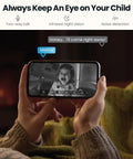 Person holding phone with 2K Indoor Security Camera System Dual Pack With 360 Degree Pan Tilt AI Tracking Night Vision app showing child video