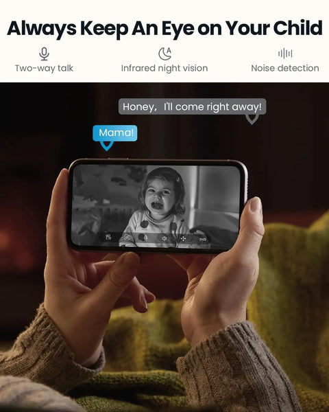 Person holding phone with 2K Indoor Security Camera System Dual Pack With 360 Degree Pan Tilt AI Tracking Night Vision app showing child video