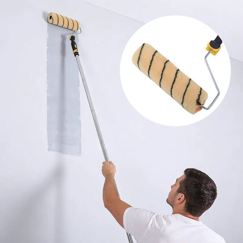 9 Inch Paint Roller Kit with Heavy Duty Stainless Steel Frame and Ultra Thick Nap for Ceilings and Walls Lazy Diy Hack in use, painting a wall.