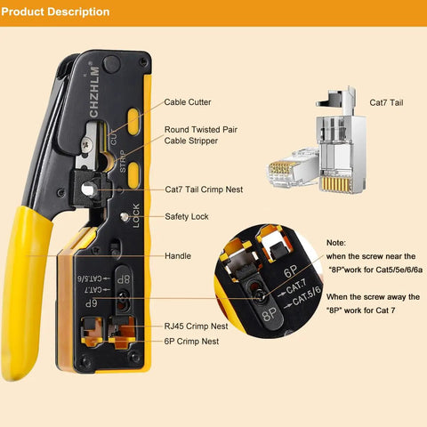 All In One RJ45 Crimp Tool Pass Through Kit For 8P Cat7 Cat6 Cat5 And 6P Telephone Connectors With Wire Stripping Cutting And Testing Capabilities Works On Shielded And Non Shielded Cables Including Cable Tester And Mini Yellow Stripper shown with detailed parts label