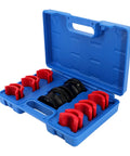 Universal Motorcycle Fork Seal Driver Tool Kit in blue case with red adapters for street, dirt, sport bikes, 14-piece set