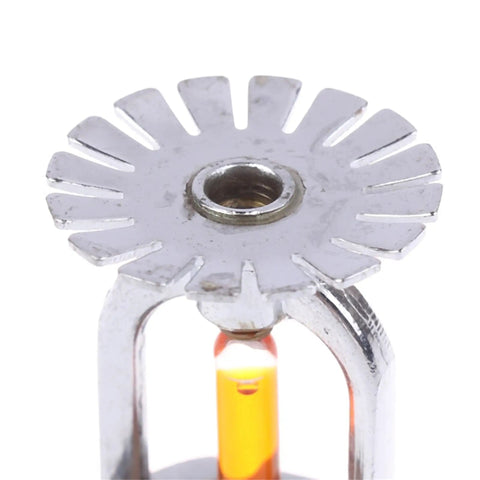 Heavy Duty Chrome Pendent Fire Sprinkler Heads Four Pack Rated One Thirty Five Degrees Fahrenheit With Slick Half Inch Pipe Connectors, close-up view.