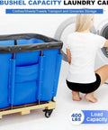 Top Shelf Heavy Duty Vinyl Basket Truck Glide Smooth Industrial Laundry Hamper Commercial Service Cart With Sturdy Wheels Blue Cover For Easy Hauling Massive Loads No Sweat Required, showing 8 bushel capacity laundry cart.