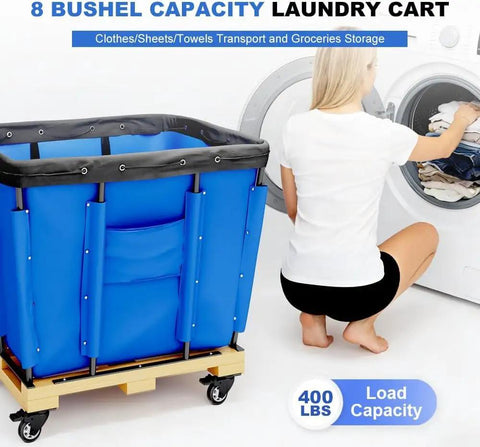 Top Shelf Heavy Duty Vinyl Basket Truck Glide Smooth Industrial Laundry Hamper Commercial Service Cart With Sturdy Wheels Blue Cover For Easy Hauling Massive Loads No Sweat Required, showing 8 bushel capacity laundry cart.