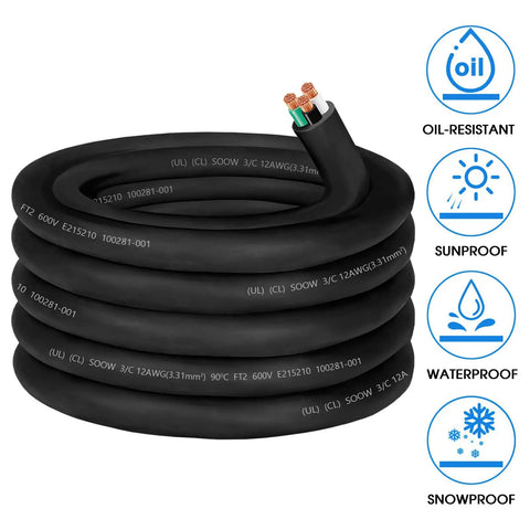 Rugged 25 Foot 12 Awg Soow Cable Portable Power Cord 12 3 Conductor 600 Volt 20 Amp oil and water resistant black flex cable.