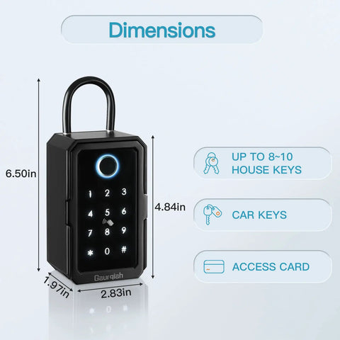Smart Key Lock Box With Bluetooth Unlock Fingerprint Recognition TTLock App Control Ekey Passcode IC Card Access And Remote Access For Wall Mount Or Door Hanging Use At Home Airbnb Office, showing dimensions and capacity