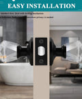 Six Pack Crystal Privacy Door Knobs With Lock Diamond Faceted Glass With 2 9/16 Inch Round Rosettes Black Interior Keyless Bedroom And Bathroom Door Handles Sleek Modern Hardware Set For Your Home Upgrade shown installed on a door with easy installation emphasis.