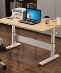 Adjustable Height Standing Desk With Slick Hand Crank, Ergonomic Beige Office Table with spacious wooden surface and steel frame