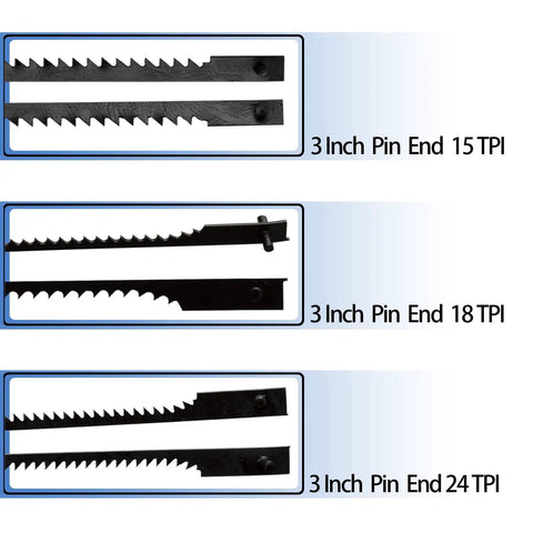 Badass Precision 3 Inch Pin End Scroll Saw Blades 45 Pack With 15 18 And 24 Tooth Per Inch Teeth For Quick Wood Cutting Compatible With Vintage Dremel Moto Craftsman Delta Hobby Saws detailed display of 3 TPI variants.