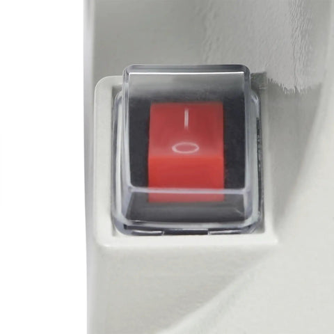 Close-up of the on-off switch on the Do It All Five In One Jewelry Polisher 750W Bench Grinder With Gem Cutting And Polishing Buffing And Drilling Capabilities For Home Workshop Projects Includes Jade Saw Blade Fiber Wheel Flexible Shaft And Drill Chuck.