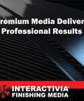 Close-up of textured carbon fiber surface with Interactivia Finishing Media branding and slogan "Premium Media Delivers Professional Results"