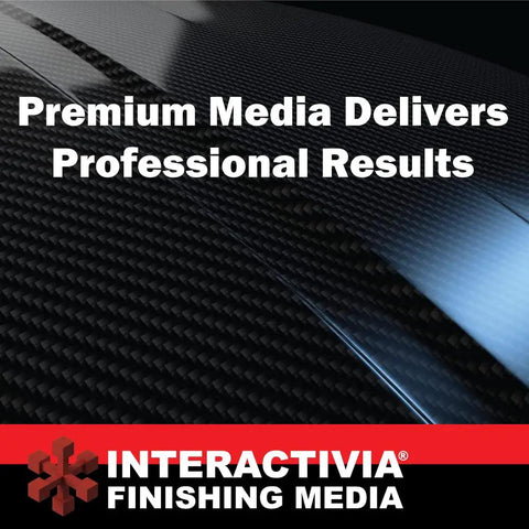Interactive media advertising with text 'Premium Media Delivers Professional Results', featuring a carbon-like texture background.