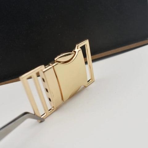 Built Tough 25mm Side Release Buckle Set 5 Pack Metal Quick Release Buckles For Paracord Bracelets Dog Collars Harnesses Backpacks Webbing And Leather DIY Projects Light Gold Finish. Close-up of light gold metal buckle showing clasp design.