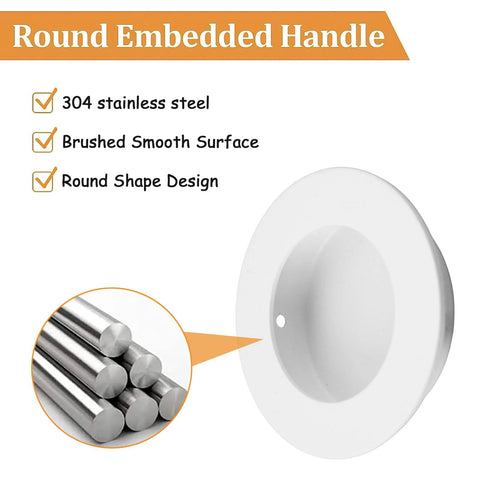 4 Pack White Round Recessed Cabinet Handles 65mm Stainless Steel Sliding Door Pulls with 304 stainless steel design inset