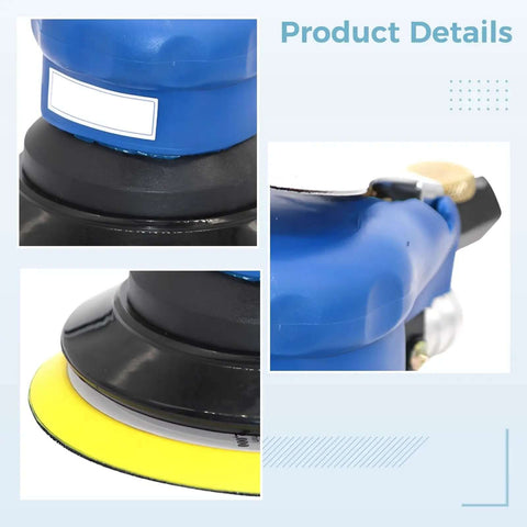 Close-up views of the Auto Body Polisher And 5 Inch Palm Pneumatic Orbital Sander For Woodworking, Pro Grade Industrial Power Tool NT 301.