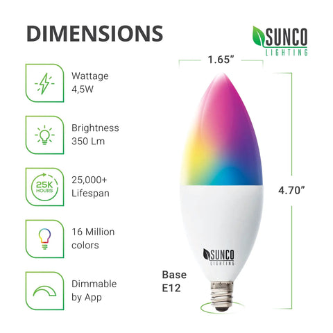 Dimensions of Six Pack WiFi LED Smart Bulbs B11 Candelabra E12 Base Four Point Five Watt Dimmable Color Changing RGB And CCT