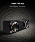 Beefy Bass Portable Bluetooth Speaker With Crisp Stereo Sound, IPX7 Waterproof, robust black design, intense bass illustration.