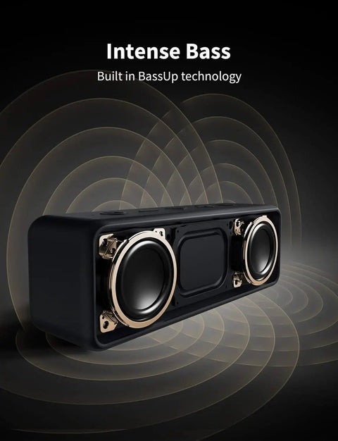 Beefy Bass Portable Bluetooth Speaker With Crisp Stereo Sound, IPX7 Waterproof, robust black design, intense bass illustration.