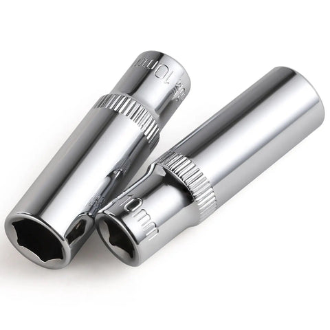 9-Piece 10mm 6-Point Deep Sockets Set For 1/4 Inch Drive, Beefy Heavy Duty Chrome Vanadium Steel displayed closely