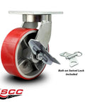 Badass Kingpinless Swivel Caster With 8 Inch Red Polyurethane Wheel On Cast Iron Plate featuring bolt-on swivel lock.