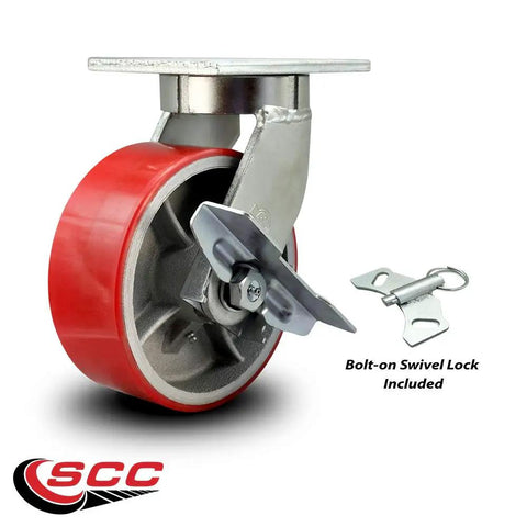Badass Kingpinless Swivel Caster With 8 Inch Red Polyurethane Wheel On Cast Iron Plate featuring bolt-on swivel lock.